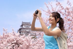 27093526 - happy woman traveler take photos by camera with cherry blossoms tree and castle on vacation while spring